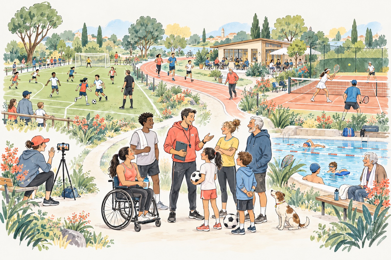An illustrated sporting community: players, coaches, families and fans around a pitch, courts, a track and a pool.